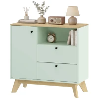 HOMCOM Bufet pentru living, mobilier de depozitare cu ușă, 2 sertare, compartiment deschis și raft reglabil, verde deschis și stejar(m-7)