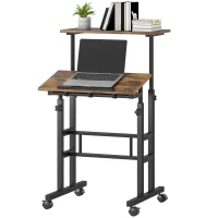 HOMCOM Escritorio ajustable en altura Mesa de cocina con estante, ruedas, mesa para ordenador Marrón rústico 60 x 60 x 70,5-120 cm(m-7)