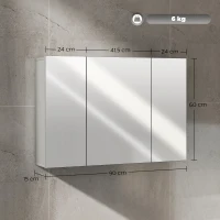 kleankin Armadio bagno da parete con 3 ante a specchio e ripiani regolabili, 90x15x60 cm, Grigio(m-3)