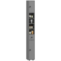 kleankin Armoire de salle de bains, 4 étagères, tiroir, panneau de particules, design élancé, Gris(m-6)