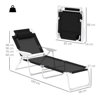 Outsunny Transat pliable avec coussin, chaise longue avec dossier réglable 4 positions jusqu'à 120 kg Noir(m-3)