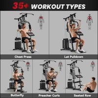 HOMCOM Kraftstation Fitnessstation mit 65kg Gewichten, Latzug, Butterflystange, verstellbar Preacher Bank, Beintrainer(m-4)