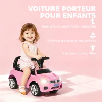HOMCOM Porteur enfants voiture, véhicule à pousser avec coffre à jouets, klaxon, phares et musique, 63,5 x 28 x 36 cm, rose(m-4)