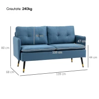 HOMCOM Canapele cu 2 locuri pentru camera de zi din tesatura cu buton cu perne, albastru inchis(m-3)