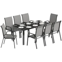 Outsunny Ensemble d'extérieur 9pcs avec 8 Chaises Empilables en Textilène et Table Basse avec Plateau en Verre, Gris Clair(m-6)