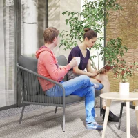 Outsunny Divano 2 Posti Stile Boho con Cuscini Sfoderabili e Braccioli, in Acciaio e Rattan PE, 112x72x76 cm, Grigio(m-2)