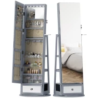 HOMCOM Specchio Portagioie con Luci LED, Armadio Portagioie con Specchio a Figura Intera, Girevole 360° e Cassetto Serratura, Grigio Chiaro(m-6)