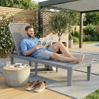 Outsunny Șezlong reclinabil de grădină exterior cu spătar reglabil în 4 poziții și cadru din PP 191x55x35,5 cm Gri închis(m-4)