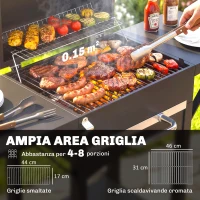 Outsunny Barbecue a Carbone con 2 Ripiani Laterali, Termometro, Coperchio e Ruote, 110x46.5x101 cm, Nero(m-4)