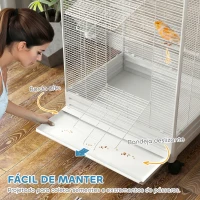 PawHut Gaiola para Pássaros Metálica com com Rodas Bandeja Amovível 4 Portas 2 Comedouros e 8 Poleiros 79x65x155 cm Branco(m-5)