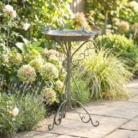 Outsunny Bain d'oiseaux avec statue d'oiseau et pied décoratif, bain de jardin vintage sur socle, Vert(m-5)
