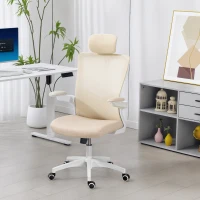 HOMCOM Scaun birou ergonomic, scaun de birou, cotiere rabatabile, suport lombar, tetieră, 60x63x120cm, bej(m-5)