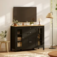 HOMCOM Aparador mueble de almacenamiento 1 armario doble puerta 2 armarios con puerta de cristal 2 cajones estante regulable 120x40x90cm negro(m-5)