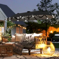 Outsunny Doppelschirm, Terrassenschirm, neigbar, mit Solarpaneel, 35 LEDs, Stahlrahmen, grau, 2,92 x 1,50 x 2,18 m(m-2)