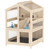 PawHut Cușcă pentru Hamsteri din Lemn cu 3 Niveluri cu Adăpătoare, Căsuțe, Leagăne, Tavă Detașabilă și Capace Rabatabile Natural(m-1)