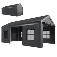 Outsunny 3 x 6 m Heavy Duty Carport, Portable Garage Car Canopy Tent with Galvanised Frame, Doors, Windows, Dark Grey(m-11)