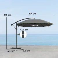 Outsunny Umbrelă laterală 3 m, umbrelă de grădină exterioară înclinabilă, bază, manivelă, țesătură poliester 180 g/m², Gri închis(m-3)