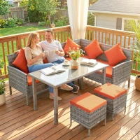 Outsunny 6-Seater Rattan Dining Set Sofa Table Footstool Outdoor w/ Cushion Garden Furniture, Orange(m-9)