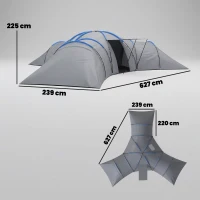 Outsunny 6-9 Man Large Tunnel Tent with 3 Bedrooms, Living Area and Porch, Stand-up Camping Tent, Portable with Bag, Light Grey(m-3)