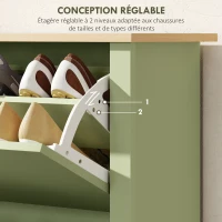 HOMCOM Meuble à chaussures 12 paires, armoire à chaussures étroite avec 2 tiroirs rabattables et étagères réglables, vert(m-5)