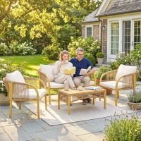 Outsunny 4‑teiliges Garten-Set für den Außenbereich mit 2‑Sitzer-Sofa, 2 Sesseln, Tisch und Kissen, Stahl, Polyrattan, 120x72x73cm, Khaki(m-4)