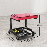 HOMCOM Sgabello da meccanico con vassoio porta attrezzi e rotelle, carico 135 kg, 36,5x33,5x35 cm, rosso(m-3)