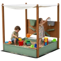 AIYAPLAY Wood Sandpit with Canopy, Storage Bins, Funnel, Liner, Chutes, Bucket with Tap, 116 x 112.5 x 128 cm, Green(m-10)