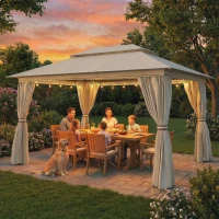 Outsunny 3 x 4 m Outdoor Garden Gazebo with Netting and Curtains, UPF50+ Patio Gazebo Permanent Pavilion Canopy, Beige(m-8)