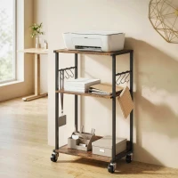 HOMCOM Mesa Industrial para Impressora 3 Níveis, Rodízios e Ganchos, Marrom Rústico.(m-2)