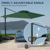 Outsunny Cantilever Parasol with Weighted Base Double Top Garden Parasol Square Hanging Patio Umbrella with Crank Tilt Dark Green(m-5)