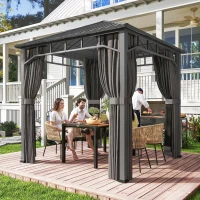 Outsunny 2.5 x 2.5 m Hardtop Gazebo with Galvanised Steel Roof, Waterproof Permanent Pavilion Garden Gazebo with Netting and Curtains for Patio, Deck, Dark Grey(m-2)