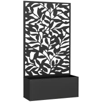 Outsunny Jardinera Elevada con Panel de Privacidad de Hojas Decorativas de Metal y Opción de Montaje en Pared 61x23x113 cm Negro(m-1)