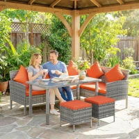 Outsunny 6-Seater Rattan Dining Set Sofa Table Footstool Outdoor w/ Cushion Garden Furniture, Orange(m-2)