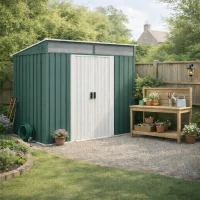 Outsunny 6.5 x 4FT Galvanised Metal Shed with Foundation Kit, Lockable Tool Garden Shed with Double Sliding Doors, Vents, Green(m-10)
