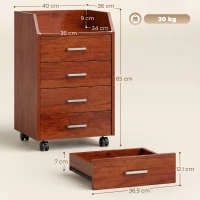 Vinsetto Meuble à tiroirs de bureau sur roulettes Meuble de bureau 4 tiroirs Classeur mobile pour étude 40x36x65 cm Marron(m-3)