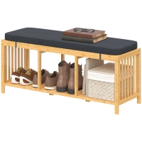 HOMCOM Banc à chaussures en bambou, banc d'entrée avec coussin rembourré et étagère ouverte, aspect bois naturel