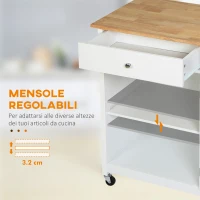 HOMCOM Carrello da Cucina Multiuso con 4 Ruote, in Legno Bianco, 67x48x86.5cm(m-6)