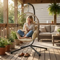 Outsunny Sillón Huevo Colgante, Silla Hamaca Balancín Interior y Exterior, Cesta Plegable, Cojín Acolchado, Caqui(m-6)