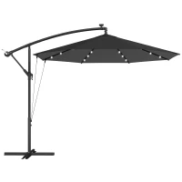 Outsunny 3 m Cantilever Parasol with Solar LED Lights Garden Umbrella with Cross Base, Black(m-1)