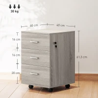 Vinsetto Caisson de Bureau avec 3 Tiroirs Roulettes Serrure 2 Clés Meuble Classeur Mobile pour Bureau Salon 40x40x61,5 cm Gris(m-3)