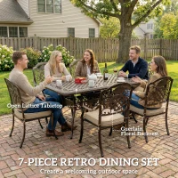 Outsunny Garden Dining Set for 6, Cast Aluminium Outdoor Table and Chairs Set with Cushions, Parasol Hole for Patio, Bronze Tone(m-4)