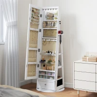 HOMCOM Espelho de Pé Giratório 360° com Espelho com Interior Iluminado Organizador de Jóias com Prateleiras e Gavetas 56x56x164 cm Branco(m-2)