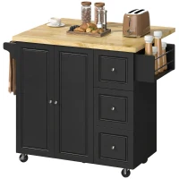HOMCOM Kitchen Island on Wheels, Rolling Kitchen Storage Trolley with Drop Leaf, Drawers, Towel and Spice Rack, Black(m-11)