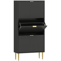HOMCOM Mobilier pentru pantofi 18 perechi cu 3 sertare rabatabile, uși canelate și rafturi reglabile, 60x24x122,5cm, negru(m-1)