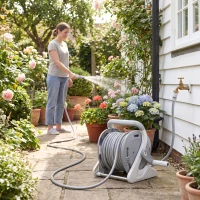 Outsunny Tambur furtun udare montat pe perete 20+2 m x Ø 15 mm, Devidor portabil pentru furtunuri, Duză cu 2 moduri, Gri(m-5)