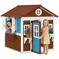 Outsunny Casinha de Madeira Infantil com Porta Janelas Floreiras e Prateleiras com Detalhes de Cor 114x126,4x135 cm Castanho Escuro(m-10)