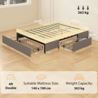 HOMCOM Pat dublu 140x190 cm cu somier, 3 sertare și cadru metalic Capacitate 363 kg Gri(m-3)