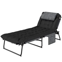 Outsunny Chaise longue pliable avec coussin, transat avec dossier réglable 4 positions poche latérale Noir(m-7)
