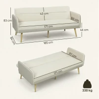 HOMCOM Divano Letto 3 Posti con Schienale Reclinabile e Rivestimento Effetto Velluto, 185x84x83 cm, Beige(m-3)