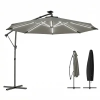 Outsunny 3 m Garden Cantilever Parasol with LED Solar Light, Round Overhanging Umbrella with 360° Rotation, Cover, Grey(m-11)